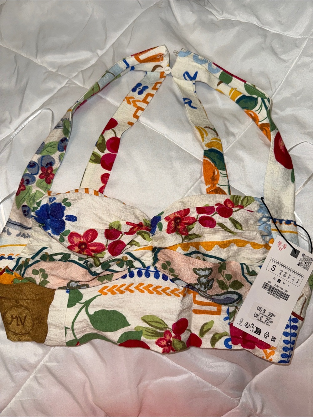 Zara Multicolor Floral Halter Crop Top - White Base with Red, Blue & Green